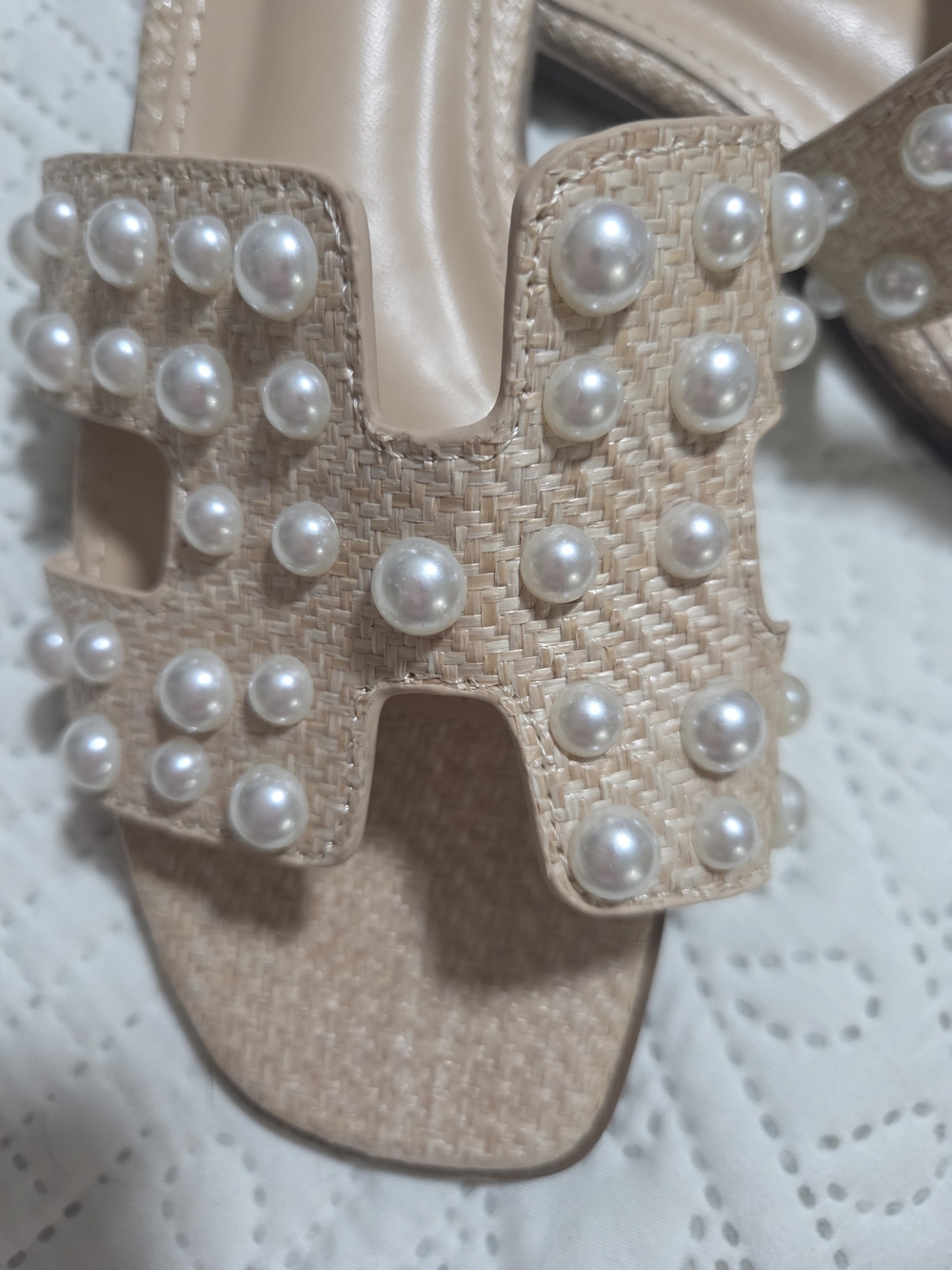 Beaded Pearl Trim Women's Slide Sandals - Beige - Picture 2 of 4